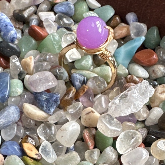 Alquimia Jewelry - Purple jade sphere gold wire wrapped ring / worry stone/ wealth healing crystal